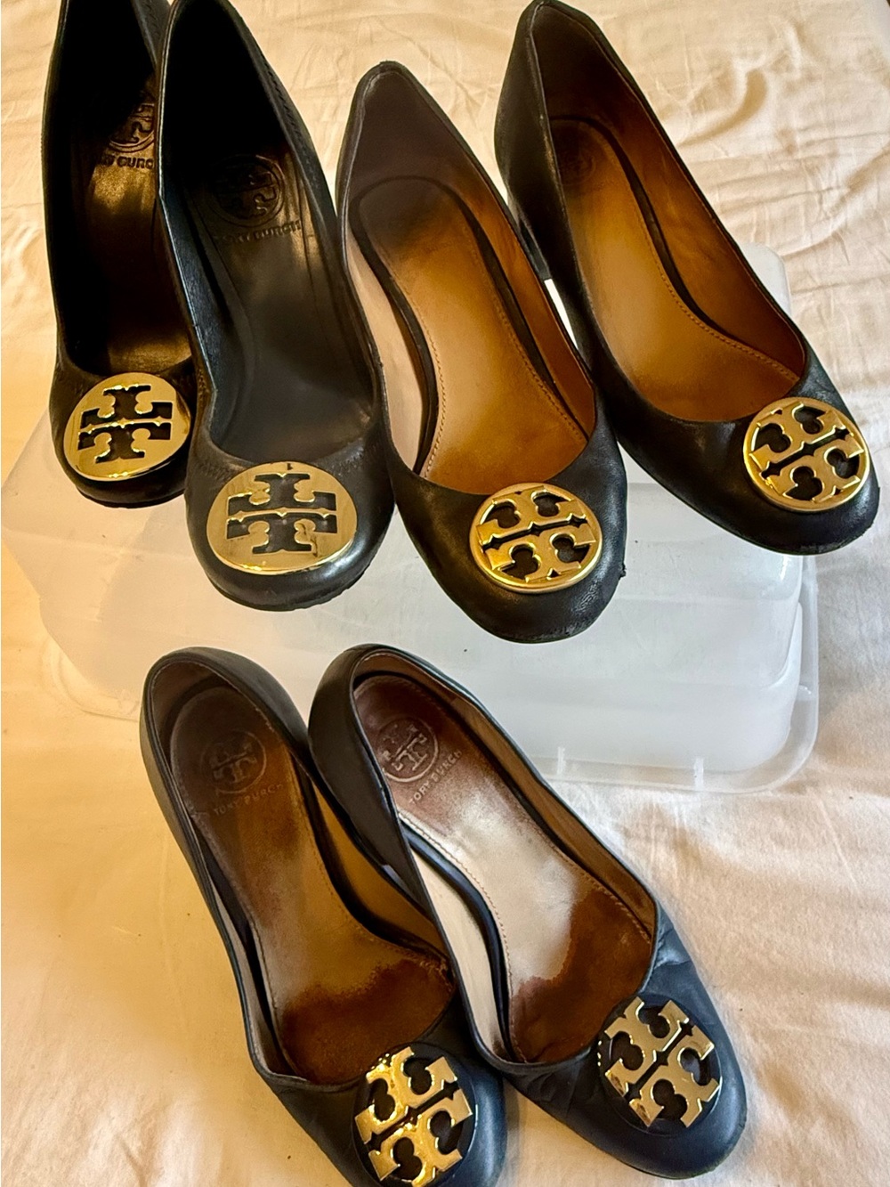 Lot of 3 pairs Tory Burch Navy Blue  Leather High Heel Pumps with Gold Logos